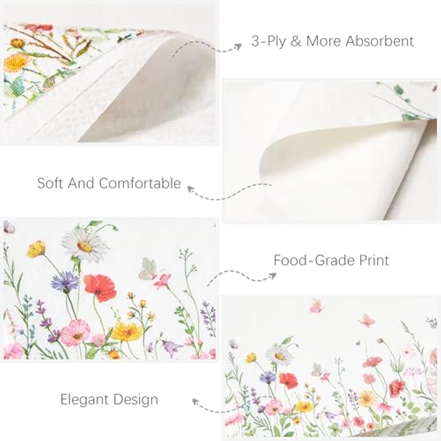 100 Pcs Wildflower Floral Luncheon Disposable Napkins For Wedding/Engagement/Bridal Shower/Baby Shower/Anniversary Party Decoration, 3-Ply