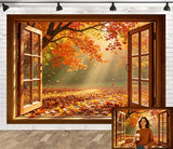 Fall Wooden Window Photo Backdrop Autumn Forest Natural Scenery 10x8FT