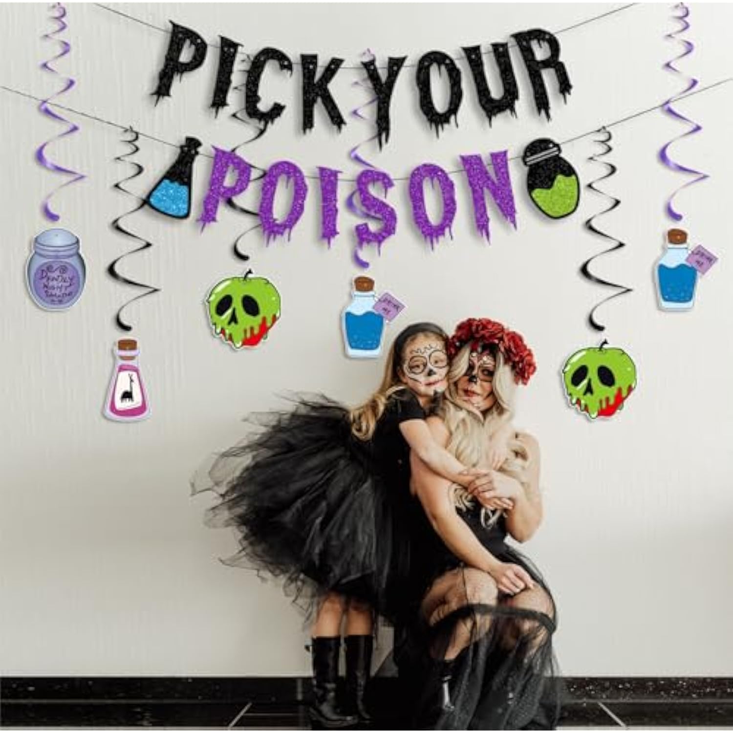 Glitter Pick Your Poison Banner with Hanging Swirls Halloween Haunted Mansion Decor