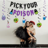 Glitter Pick Your Poison Banner with Hanging Swirls Halloween Haunted Mansion Decor