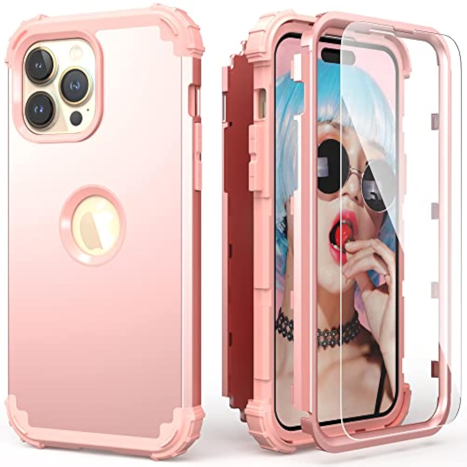 For Iphone 14 Pro Max Case,For Iphone 14 Pro Max With Screen Protector For Women, 3 In 1 Shockproof Slim Fit Hybrid Heavy Duty Hard Pc Cover Soft Silicone Bumper Full Body Case,Rose Gold