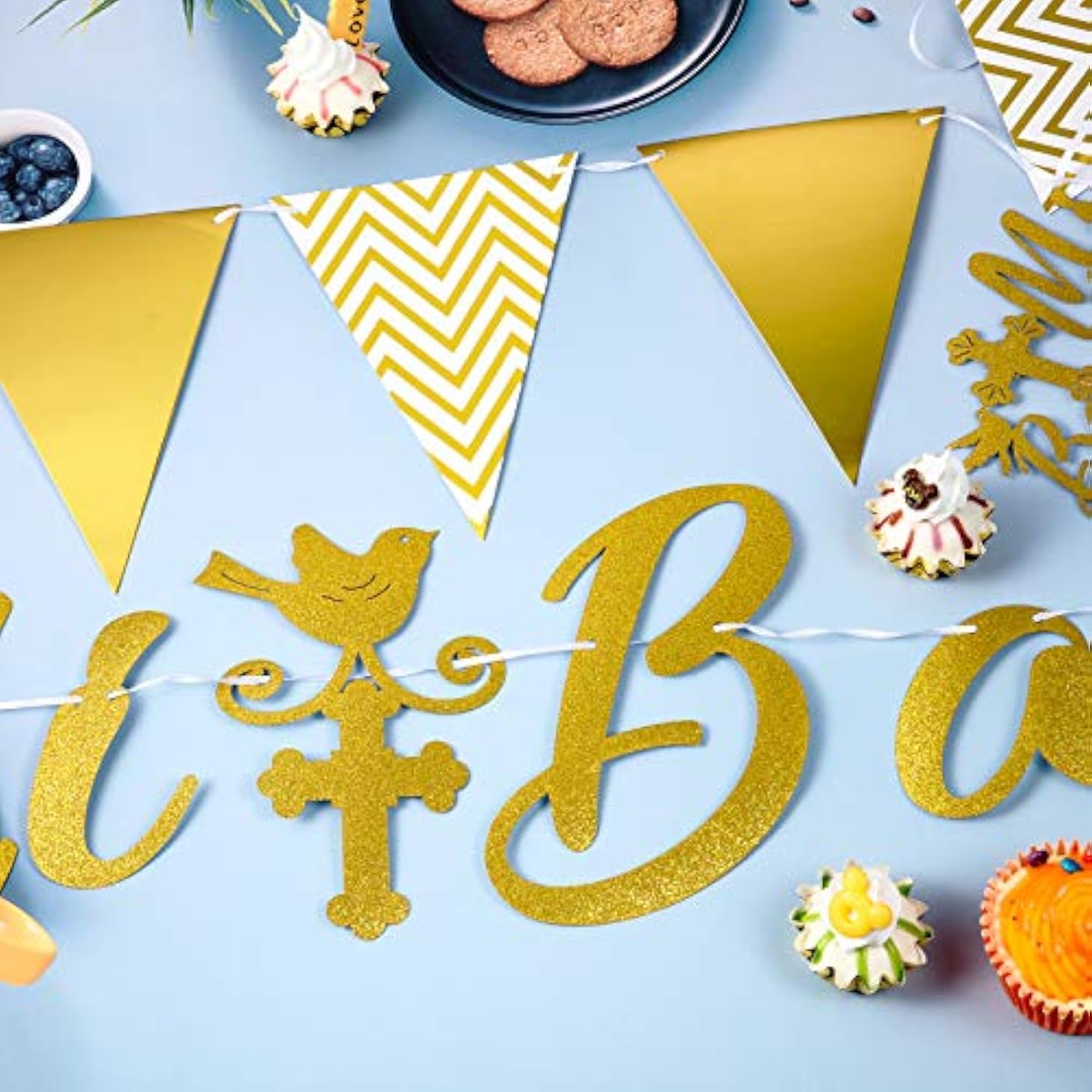 Gold Glitter Mi Bautizo Banner Triangle Flag Banner Glitter Mi Bautizo