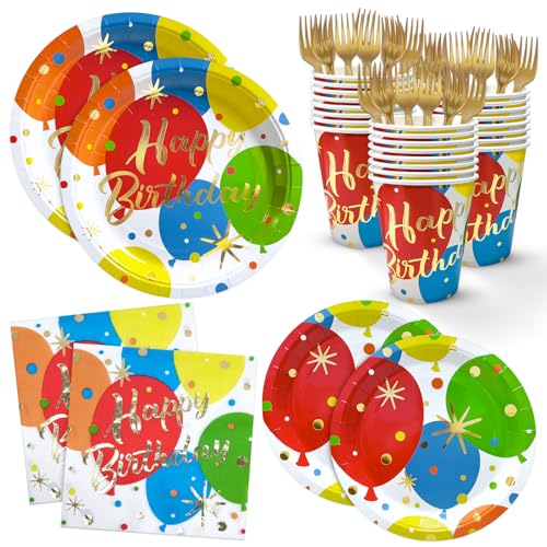 Balloon Birthday Paper Plates Napkins and Cups, Foks Gold Foil Happy Birthday Disposable Party Dinnerware Decorations Serve 24