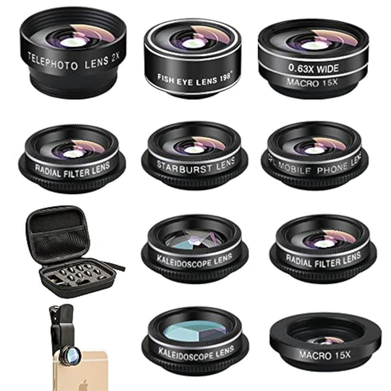 Phone Camera Lens (11 Lenses) Phone Lens Kit, Clip On Fisheye/Macro/Wide Angle Lens Attachment With Travel Case For Iphone 14 13 12 11 Xs X Pro Max Samsung Android Smartphone