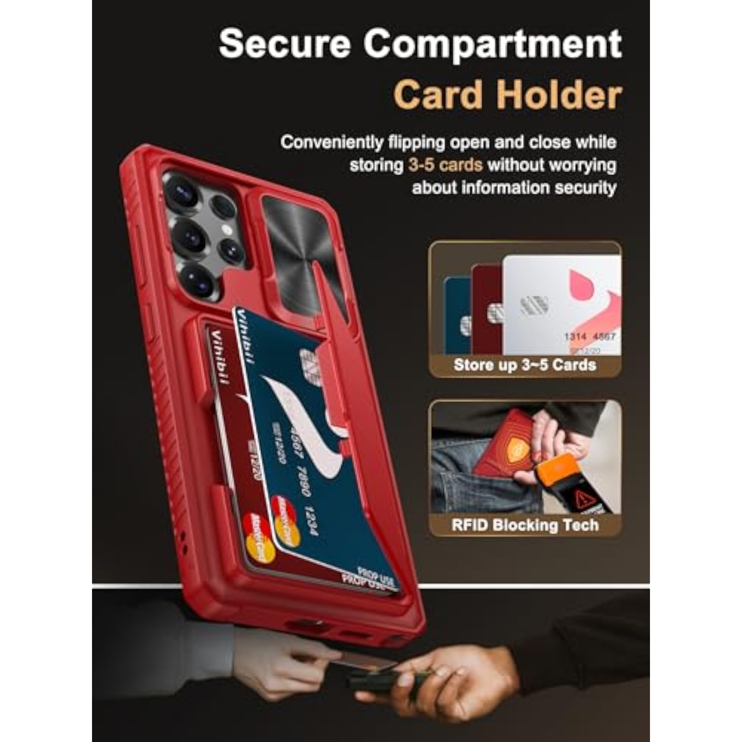 Samsung Galaxy S25 Ultra Case with Card Holder (4 Cards), Red - Protective Phone Case with Card Slot