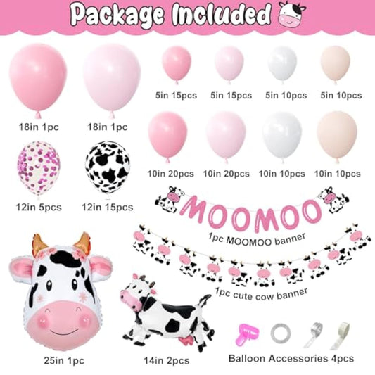 Pink Cow Balloons Garland Arch Kit, 140Pcs Pastel Pink Confetti Cow Print Balloons Moomoo Banners Foil For Western Cowboy Cowgirl Farm Animal Themed Baby Shower Birthday Party Decorations Supplies
