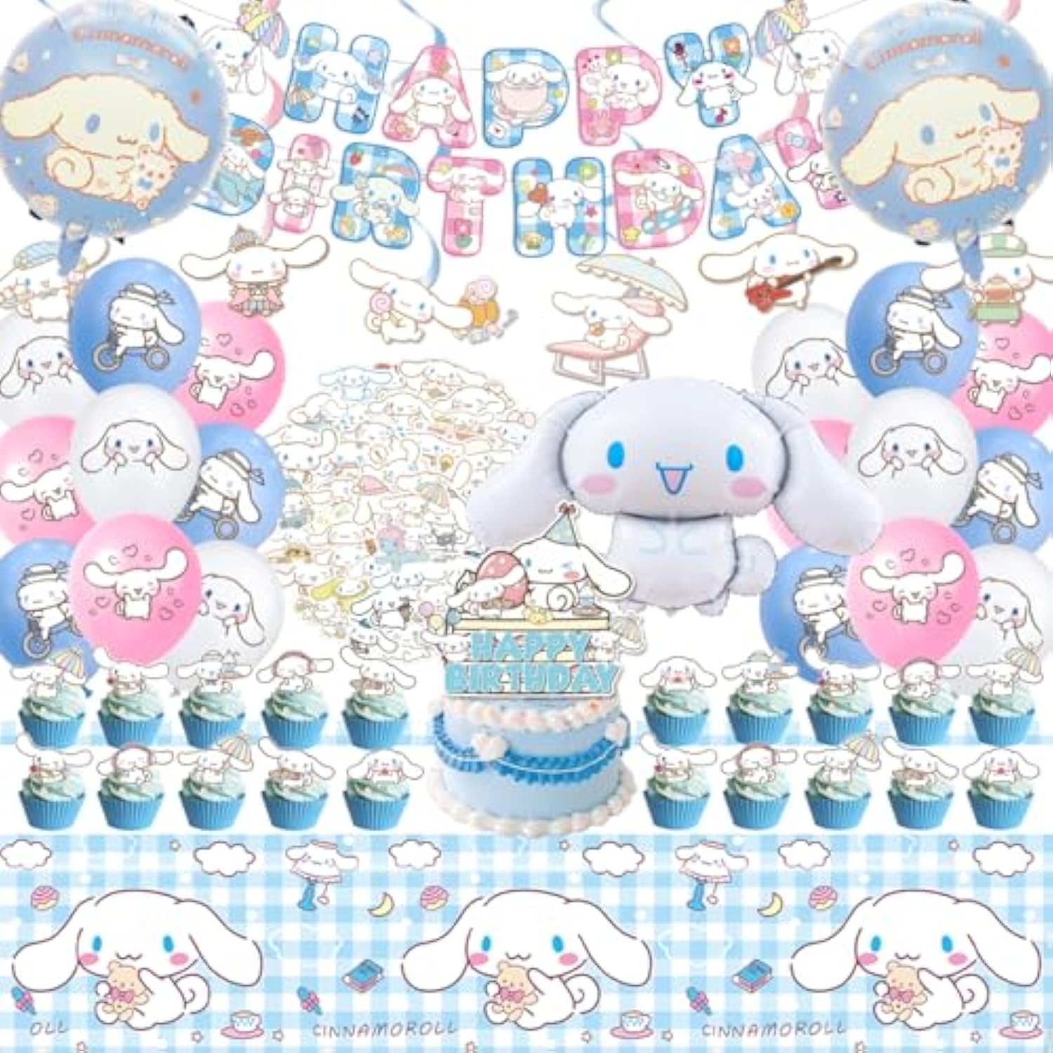 Cinnamoroll Birthday Decorations, 101Pieces Party Supplies Set Include Banner, Balloons, Stickers, Hanging Swirls, Cake Cupcake Toppers, Tablecloth For Kids Cinnamoroll Theme Party