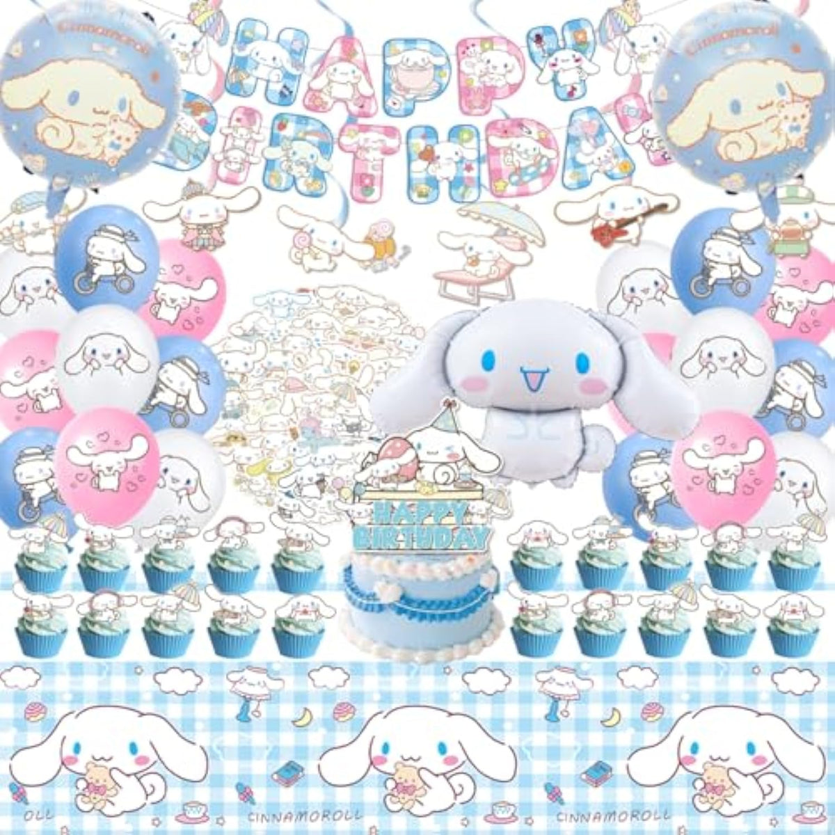 Cinnamoroll Birthday Decorations, 101Pieces Party Supplies Set Include Banner, Balloons, Stickers, Hanging Swirls, Cake Cupcake Toppers, Tablecloth For Kids Cinnamoroll Theme Party