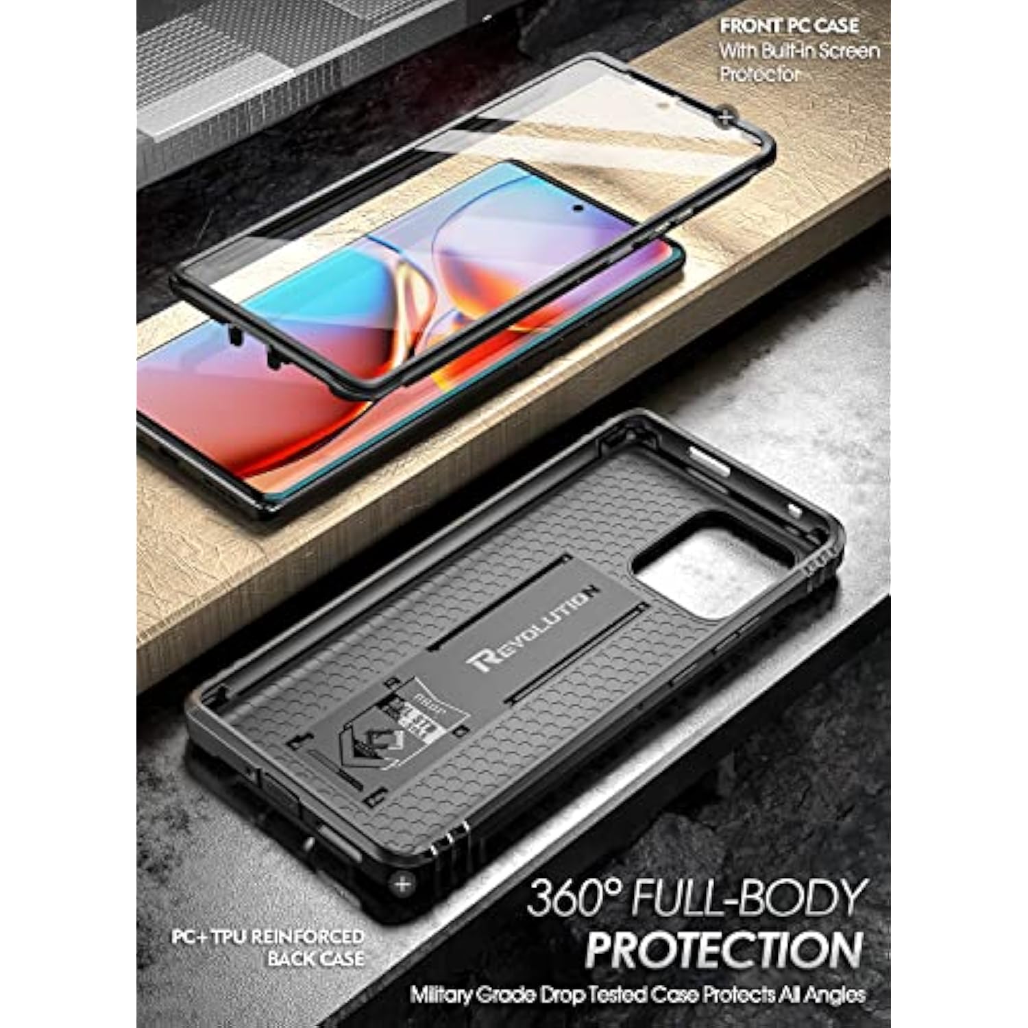 Revolution Case For Motorola Moto Edge Plus 5G 2023[Not For 2022 Version],[20Ft Mil-Grade Drop Tested], Full-Body Shockproof Protective Cover With Kickstand And Built-In-Screen Protector, Black