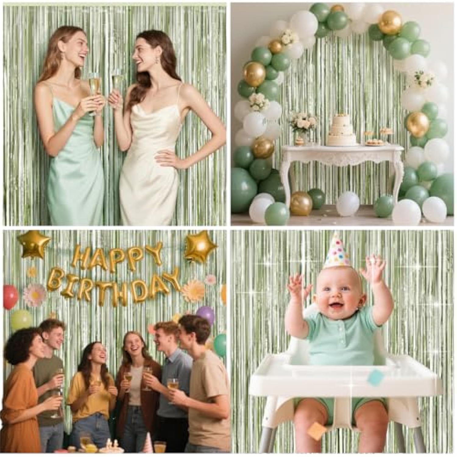 4 pack sage green foil fringe curtain glitter tinsel backdrop for parties