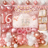 Sweet 16 Party Decorations Pink Rose Gold Sixteen Birthday Party Supplies With Backdrop Banner Foil Balloons Tassel Curtain Balloon Garland Kit And Sweet 16 Boxes For Girl 16Th Sweet Party (Rose Gold)