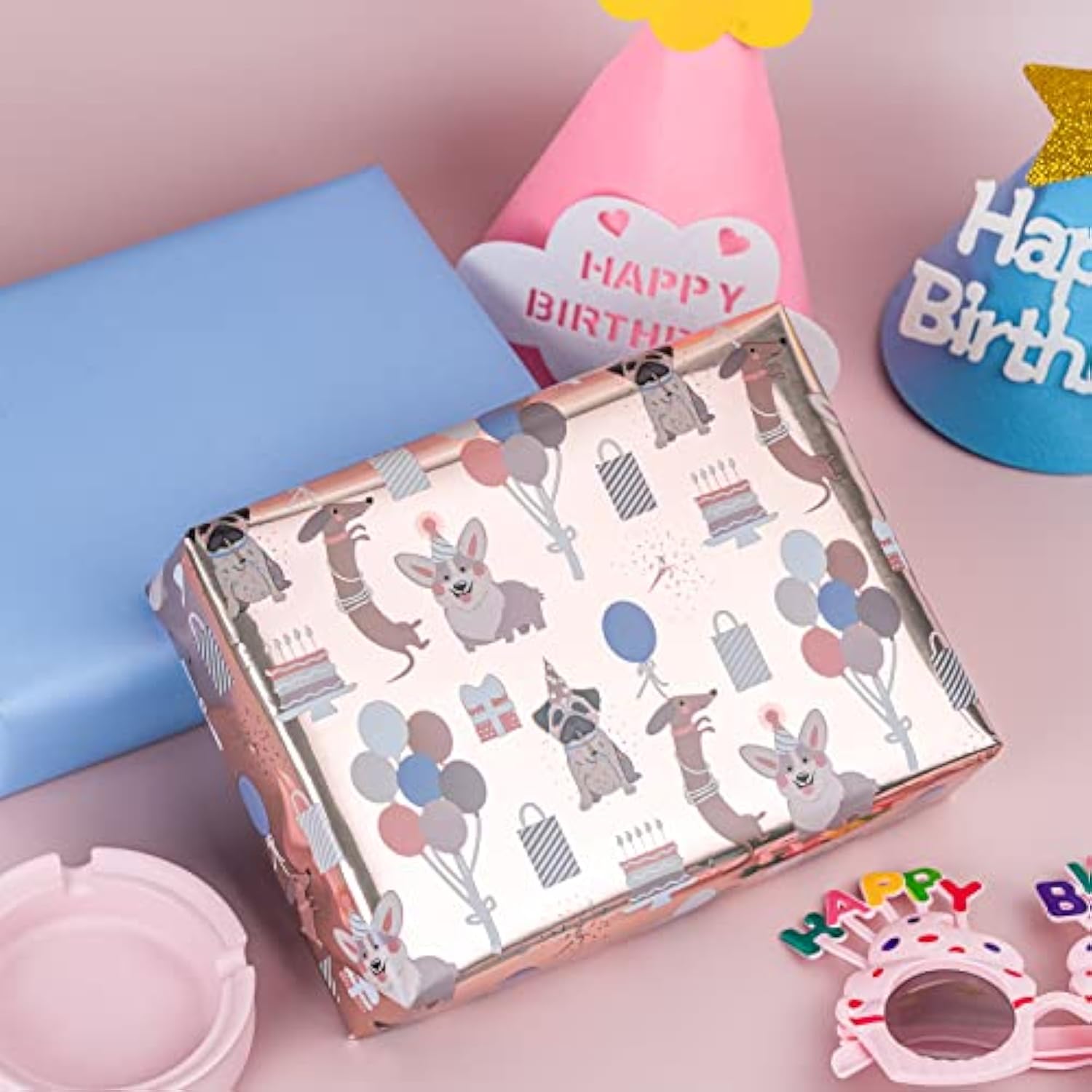 Reversible Birthday Wrapping Paper - Mini Roll - 17 Inch X 33 Feet - Adorable Dogs With Metallic Foil Shine And Solid Blue For Birthday, Party, Baby Shower