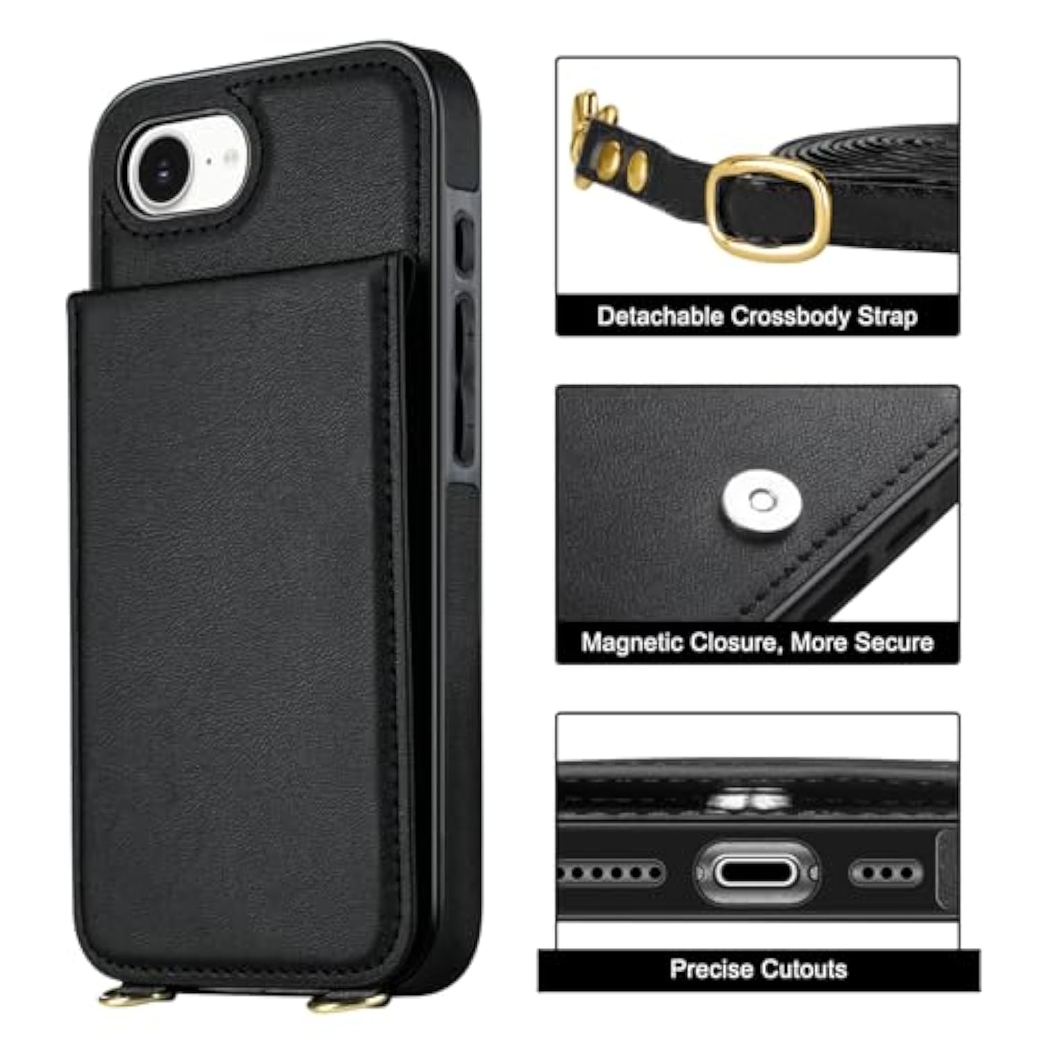 For Iphone 16E Case With Card Holder Crossbody Lanyard Strap Leather Wallet Case With Magnetic Clasp Kickstand Heavy Duty Protective Flip Cover For Iphone 16E For Women, Black