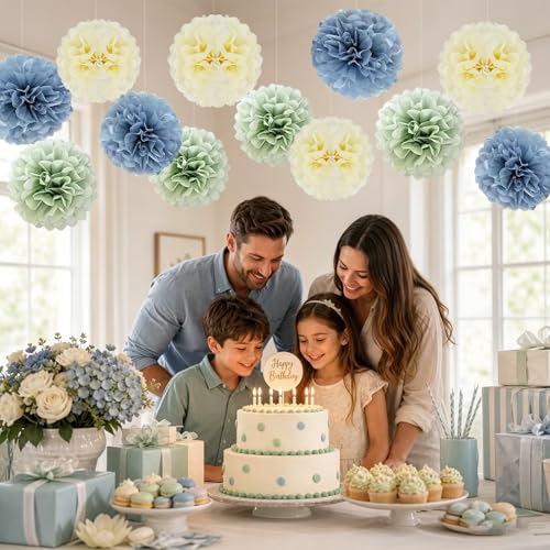 12 PCS Dusty Blue Sage Green Tissue Paper Pom Poms, Hanging Paper Flower Balls for Wedding, Baby Shower, Bridal Shower, Bachelorette, Birthday Party Decorations, Neutral Boho Theme Decor