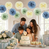 12 PCS Dusty Blue Sage Green Tissue Paper Pom Poms, Hanging Paper Flower Balls for Wedding, Baby Shower, Bridal Shower, Bachelorette, Birthday Party Decorations, Neutral Boho Theme Decor