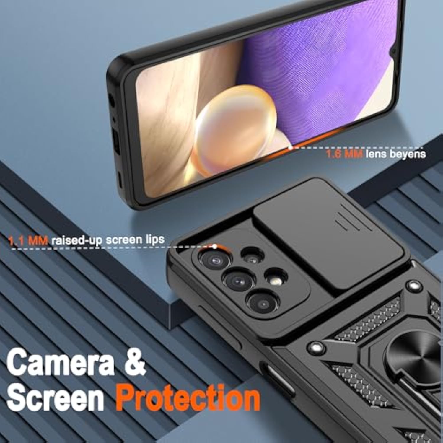 Galaxy A32 5G Phone Case with 2 Pcs HD Screen Protector, Heavy Duty Shockproof 360° Rotation Kickstand Military Grade Protective Case for Galaxy A32 5G Black