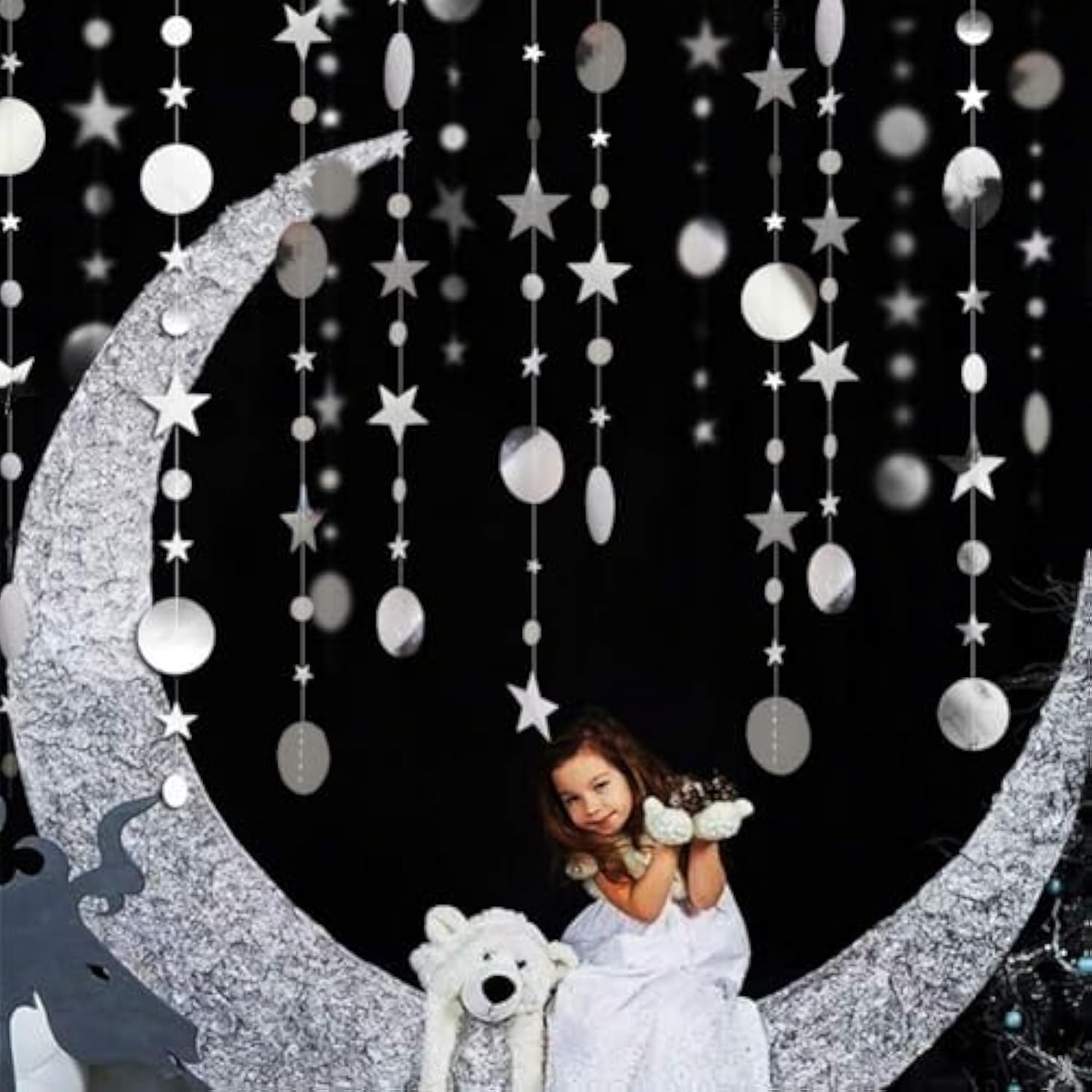 Silver Star Garland Decorations Twinkle Little Star Birthday Baby Shower Graduation Party Decor Christmas New Year Eve Banner Moon Stars Starry Night Ramadan Celestial Theme Backdrop