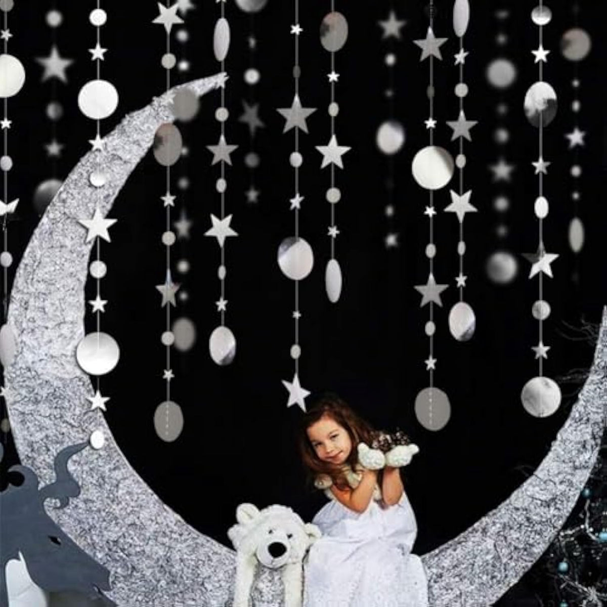 Silver Star Garland Decorations Twinkle Little Star Birthday Baby Shower Graduation Party Decor Christmas New Year Eve Banner Moon Stars Starry Night Ramadan Celestial Theme Backdrop
