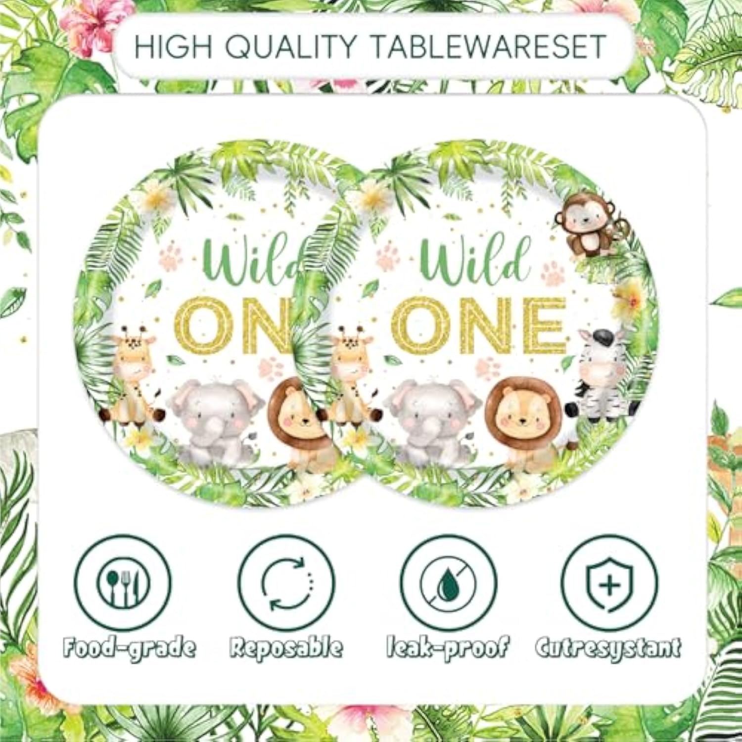 48pcs Wild One Safari Party Set Plates Napkins Forks for 16 Guests