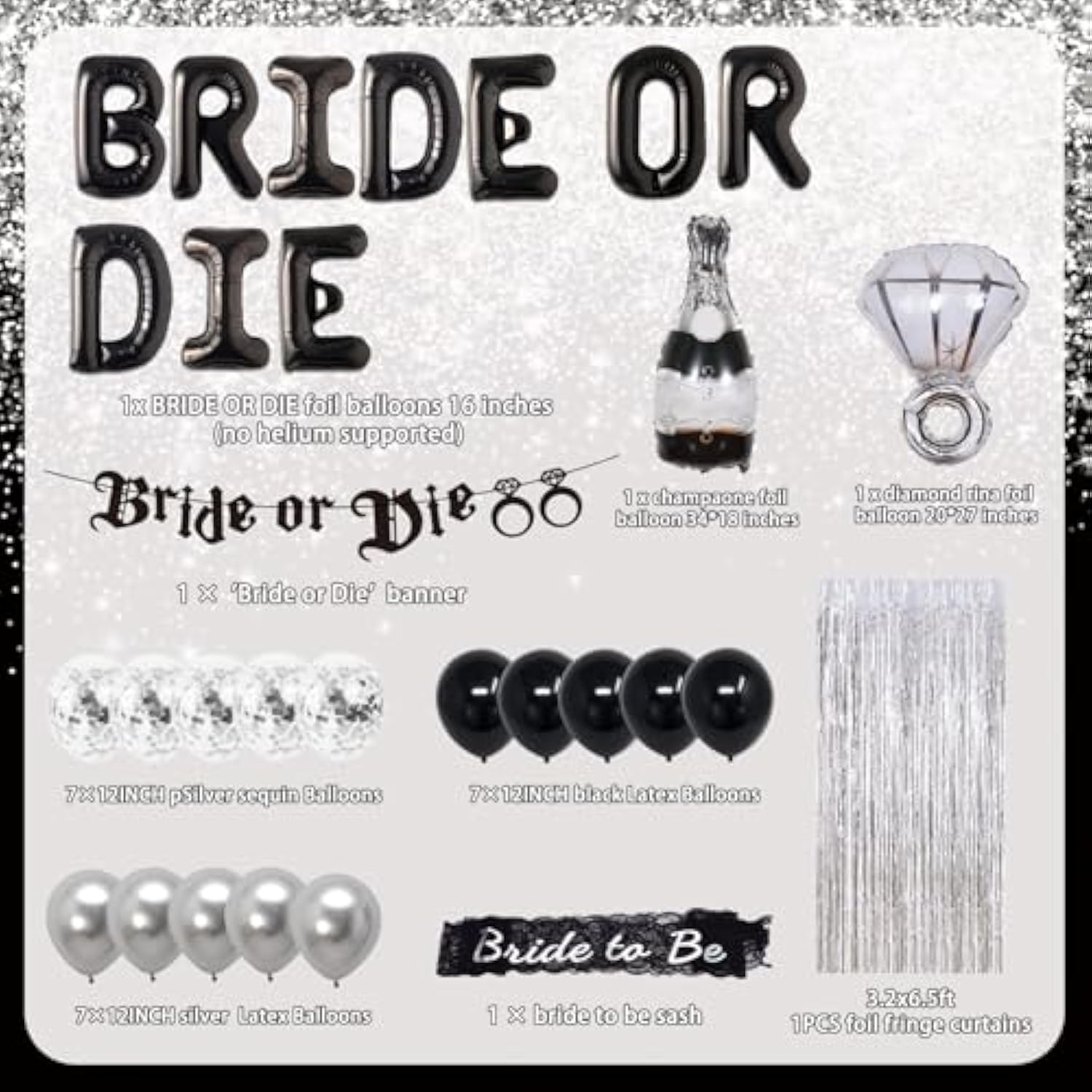 Bride or Die Bachelorette Decor Set – Black & Silver Balloons, Banner, Sash and Foil Curtain