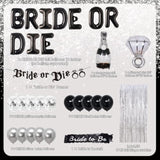 Bride or Die Bachelorette Decor Set – Black & Silver Balloons, Banner, Sash and Foil Curtain