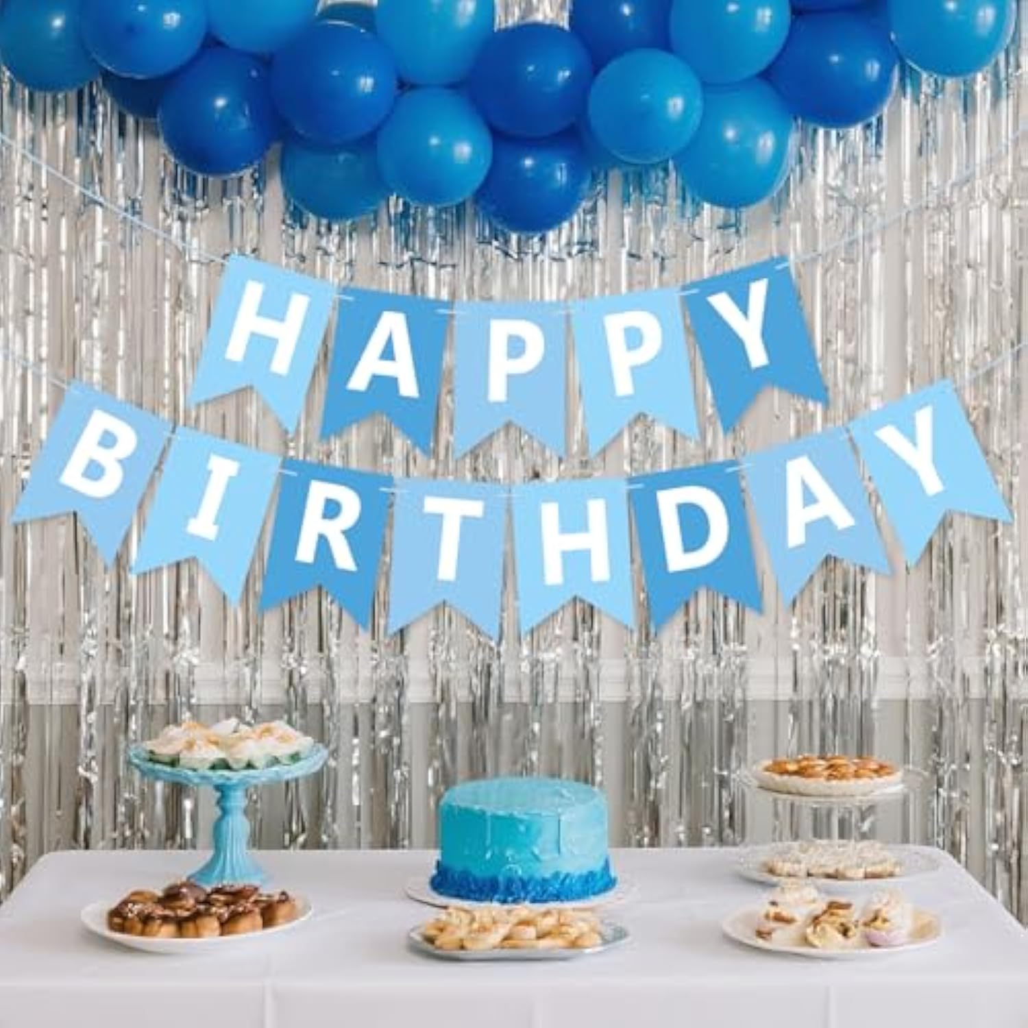 Happy Birthday Banner Light Blue Wall Door Garland with White Letters