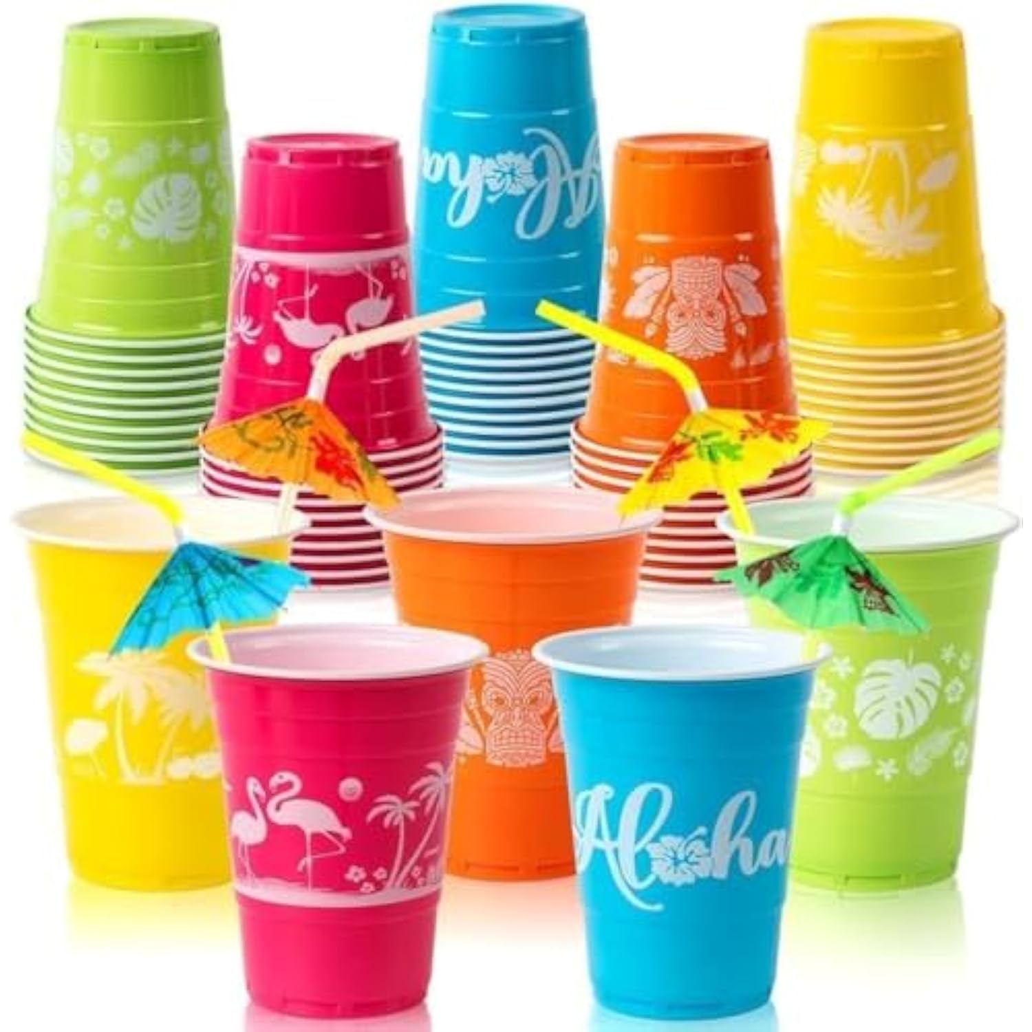 50 Hawaiian Luau Party Decorations Cups With Parasol Straws -16Oz Disposable Party Cups For Tropical Luau Moana Birthday Party Decor Supplies