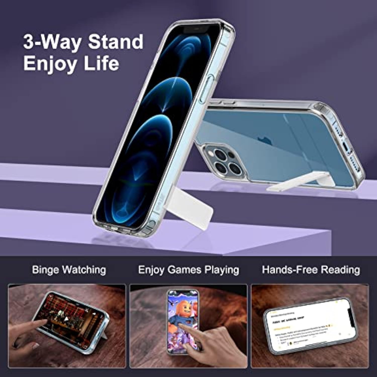 JETech Case for iPhone 12 Pro Max 6.7-Inch with Stand, Support Wireless Charging, Slim Shockproof Bumper Phone Cover, 3-Way Metal Kickstand (Clear)