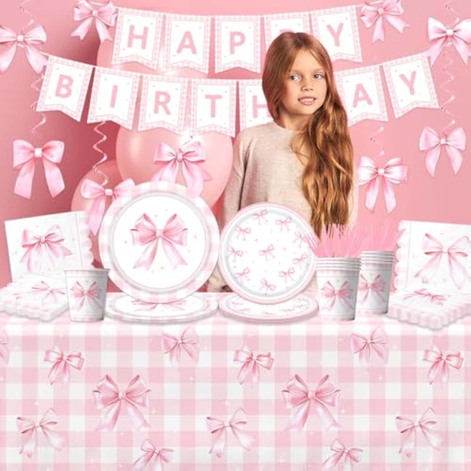 178PCS Coquette Pink Bow Party Set - Plates, Napkins & Tableware for 24 Guests