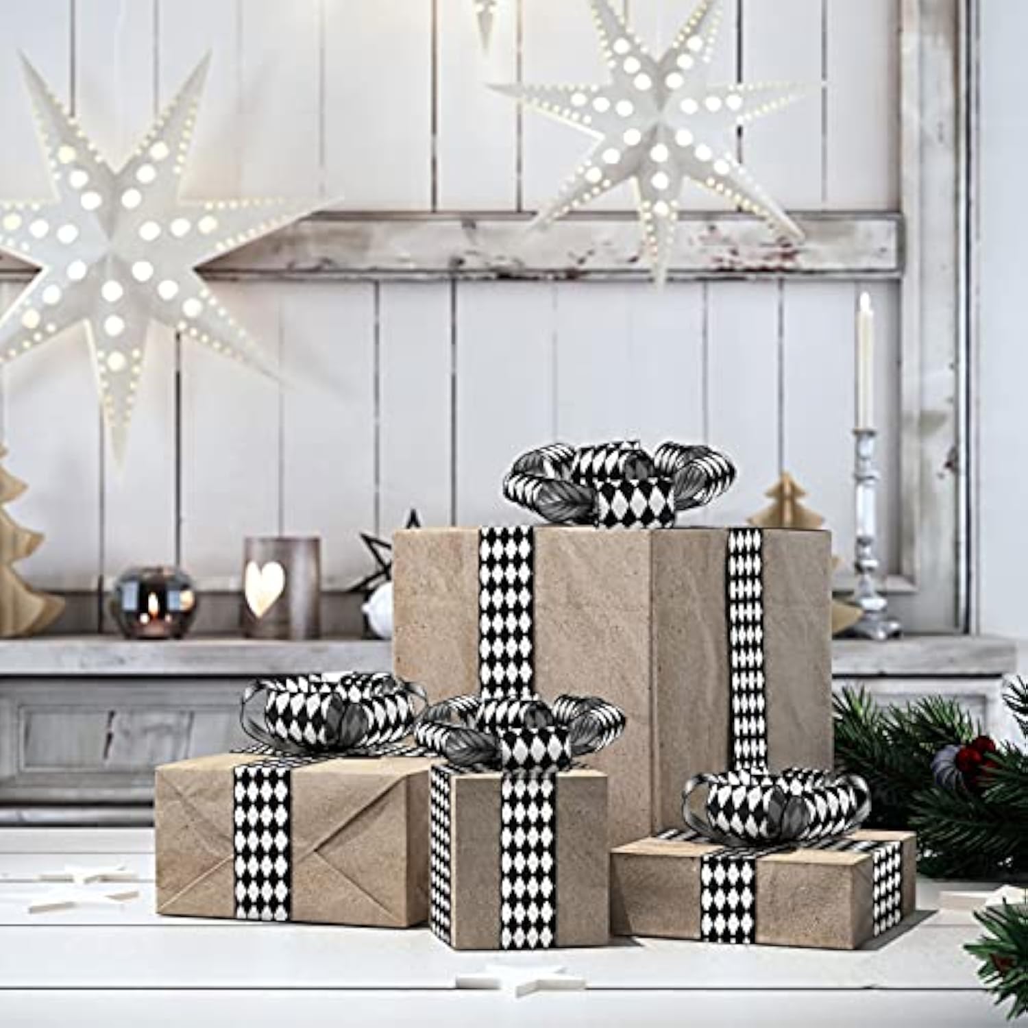 2 Rolls 2.6 Inch X 10 Yards Christmas Checkered Ribbon Black And White