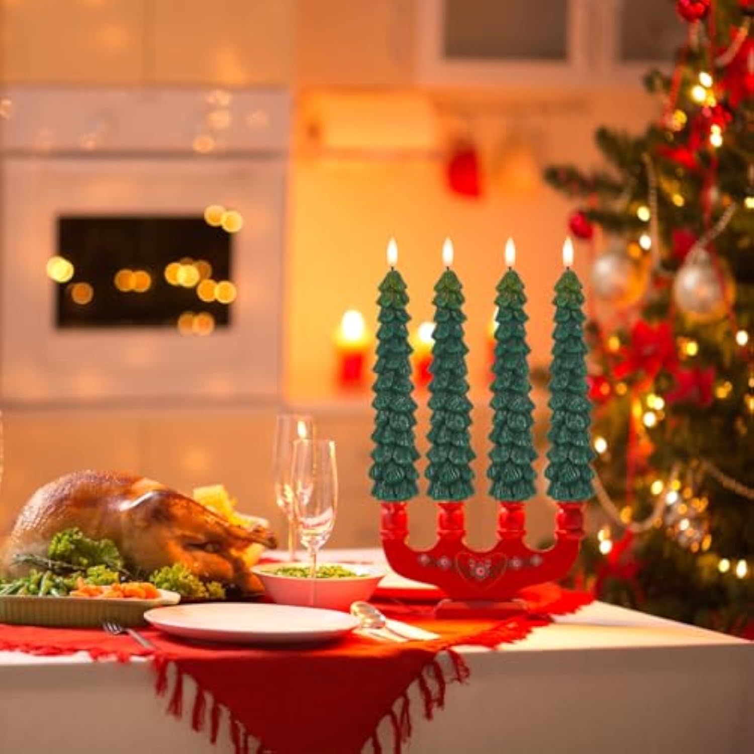 Christmas Tree Flameless Taper Candles Battery Operated With 10-Key Remote And Timer Real Wax Led Taper Candles 3D Wick Flickering Lifelike Leaves Dinner Xmas Holiday Decoration Set Of 4