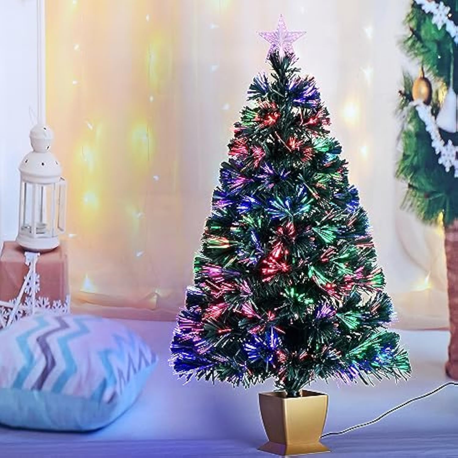 3Ft Green Fiber Optic Christmas Tree,Pre-Lit Artificial Mini Christmas Tree, Tabletop Small Xmas Tree With Stars Holiday Home Decorations