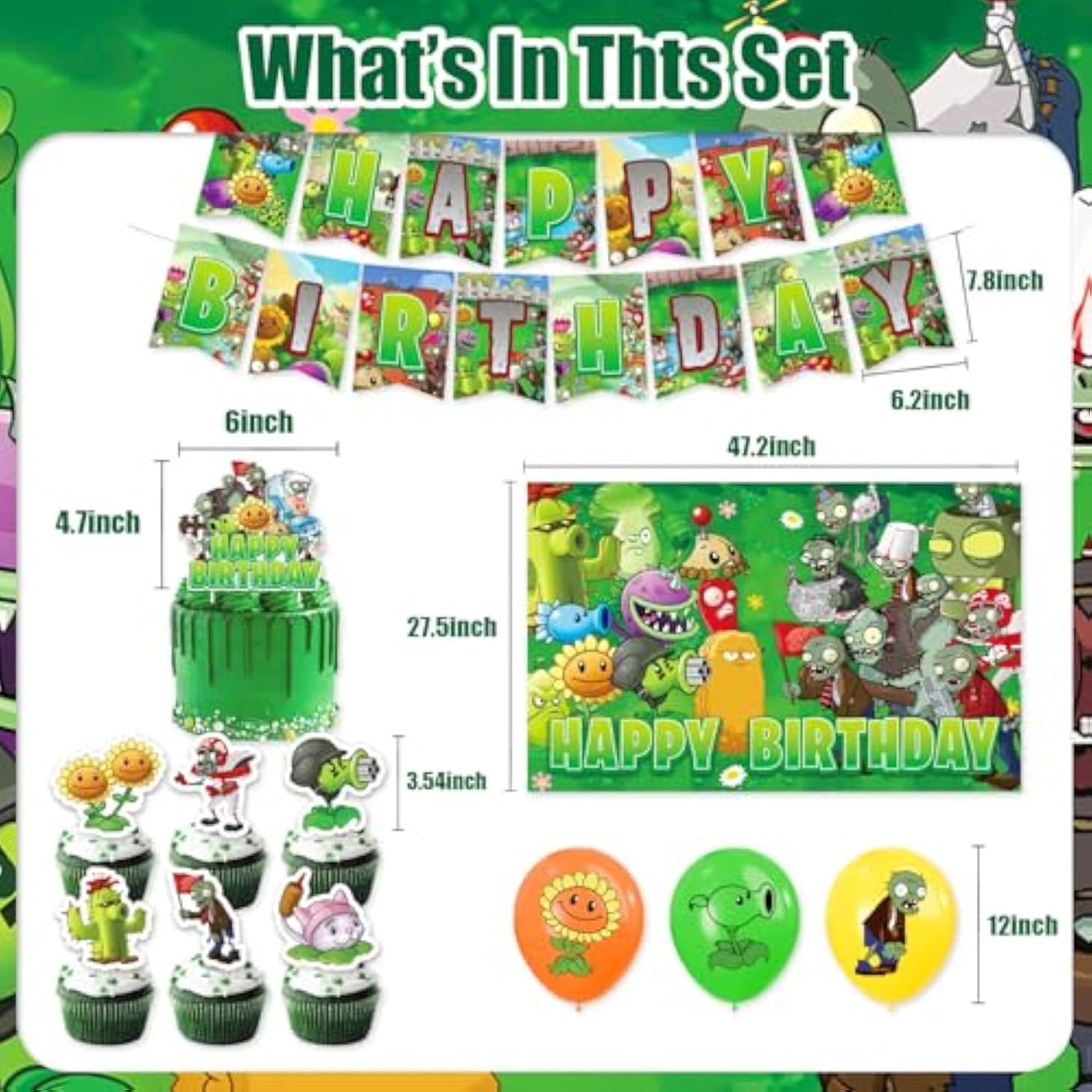 42Pcs Plants Zombies Party Supplies Pack Includes?Banner?Cake Topper?Blackdrop,Balloons For Plants Zombies Party Decoration