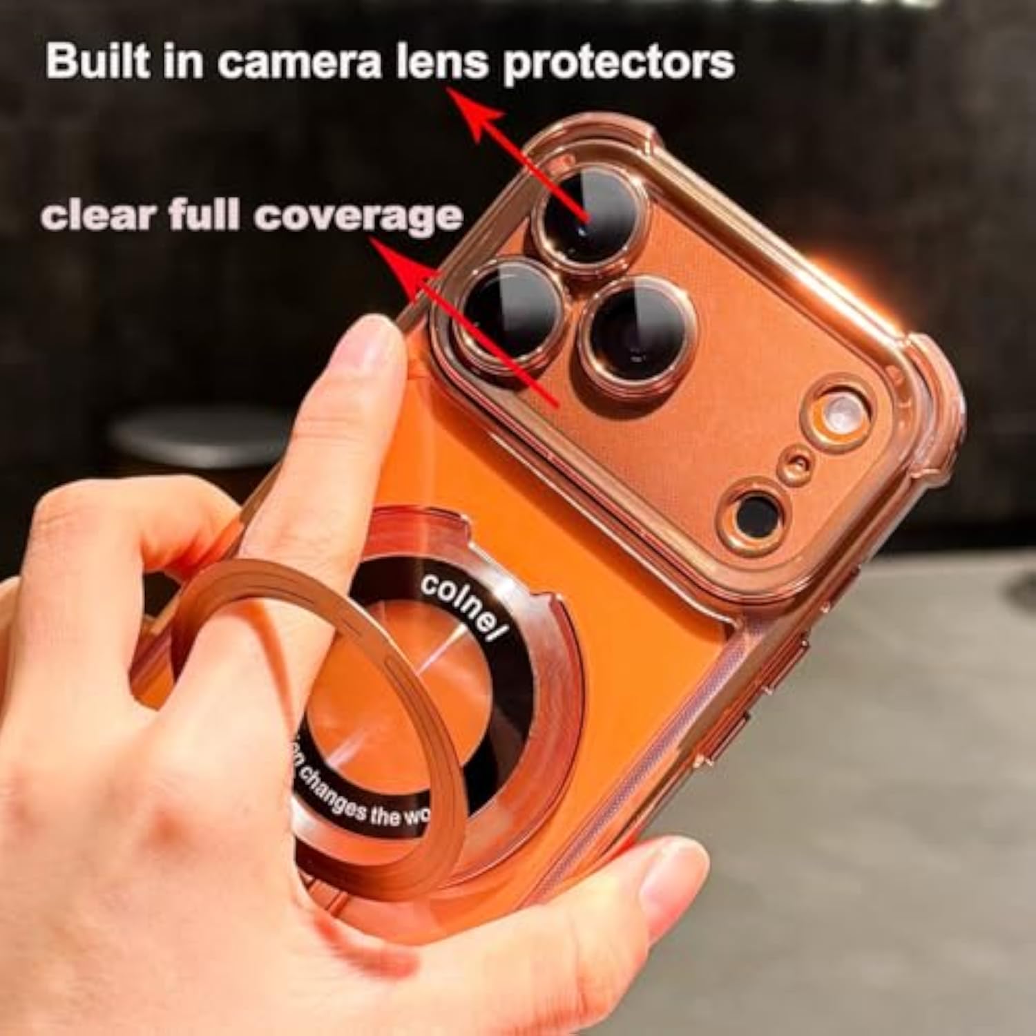 Clear Case with Magnetic Ring Stand for iPhone 17 Pro Max, Compatible with MagSafe, Shockproof Kickstand, Plating Soft Case, Camera Lens Protector for 17 Pro Max 6.9", Orange
