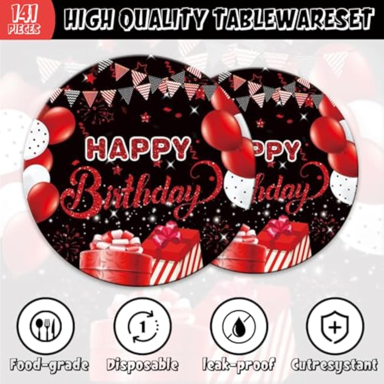 141Pcs Red And Black Happy Birthday Party Decorations For 20 Guests - Disposable Tableware Party Plates And Napkins Cups Forks For Baby Shower Red And Black Happy Birthday Party Supplies