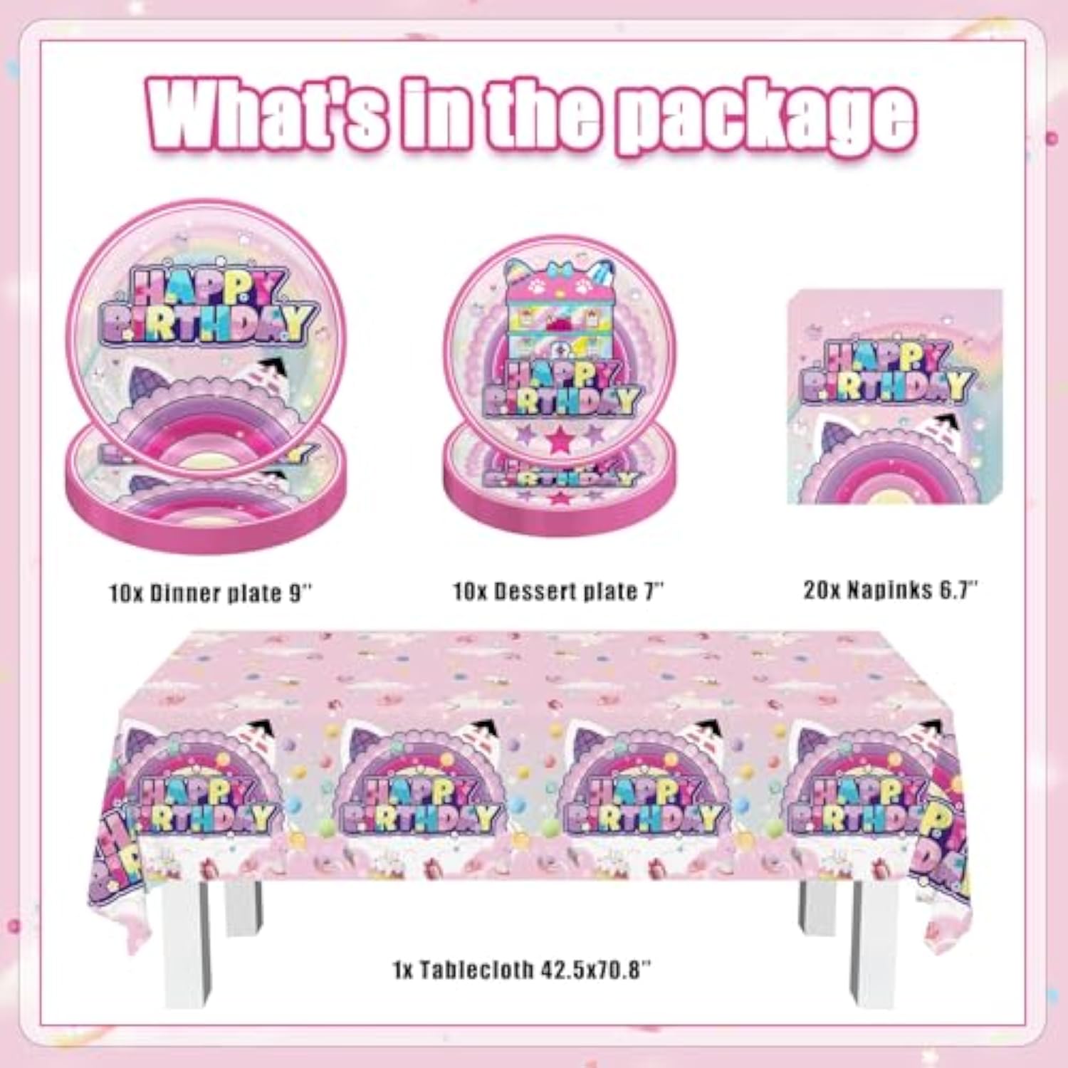 Party Decorations 41Pcs Cute Cat Style Birthday Tableware Set Include Paper Plates Of Two Sizes, Napkins, 42.5X70.8Inch Rectangular Waterproof Plastic Tablecloth