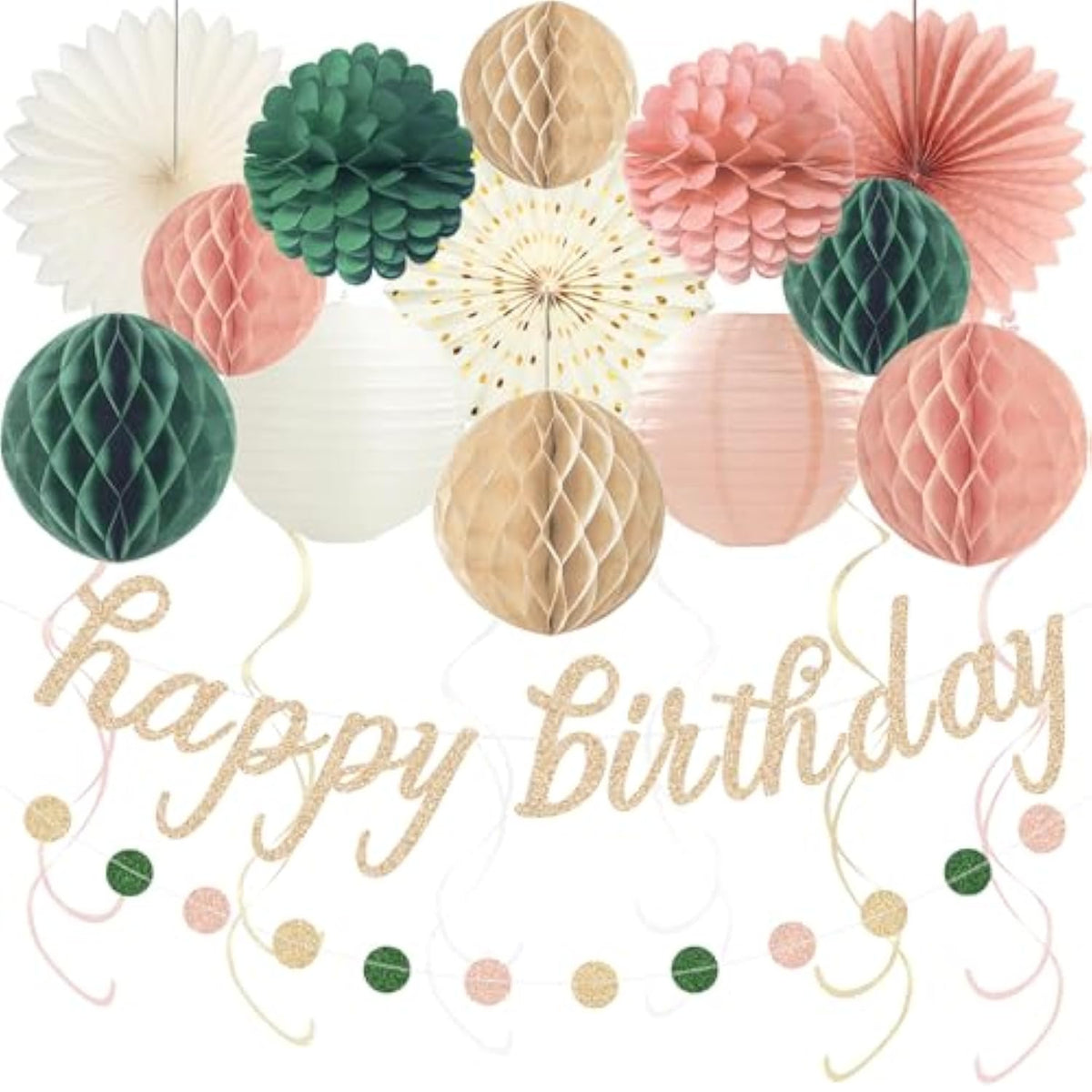 Pink Sage Green Happy Birthday Decorations, Pre-Strung Happy Birthday Banner With Honeycomb Balls, Paper Flowers, Lanterns, Hanging Swirls, Circle Dots Garland For Birthdays Party Decorations 24Pcs