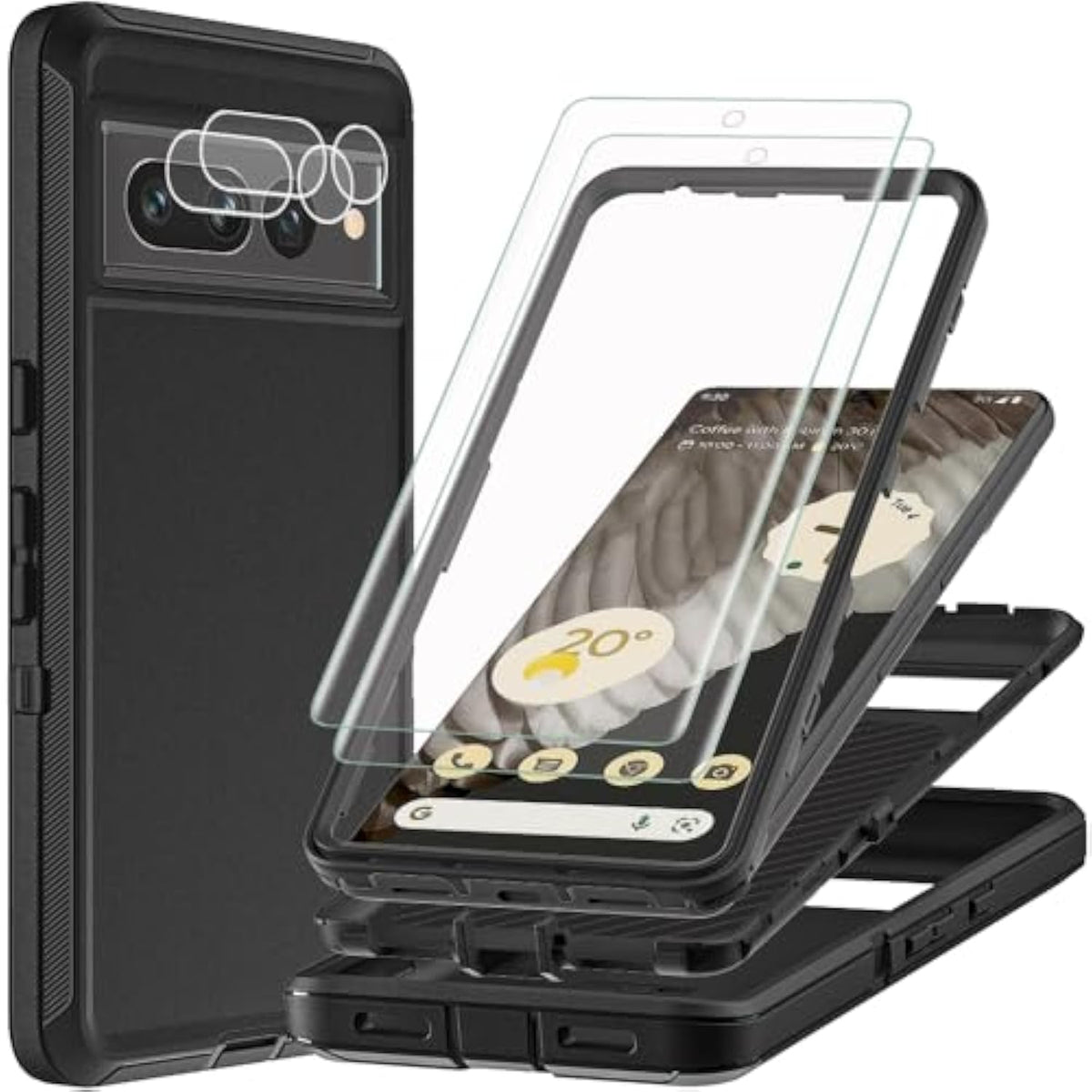 For Google Pixel 7 Pro Case With 2Pcs Self Healing Flexible Tpu Screen Protector & Camera Lens Protector, 3 In 1 Heavy Duty Shockproof/Drop Proof/Dust Proof Case (Black/Black)