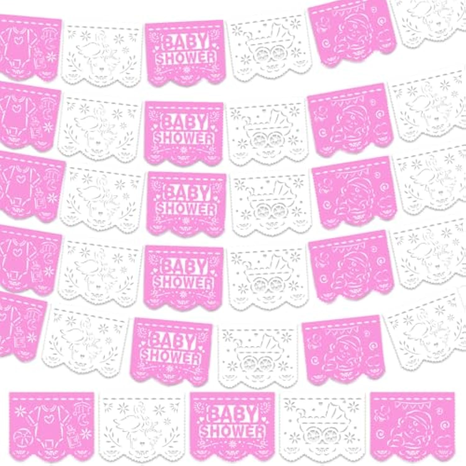 6 Pack 98.43 Ft Baby Shower Papel Picado Mexican Banner Cielito Lindo Party Plastic Fiesta Banner Talavera Theme Decorations For Baby Shower Party Hanging(Pink And White)