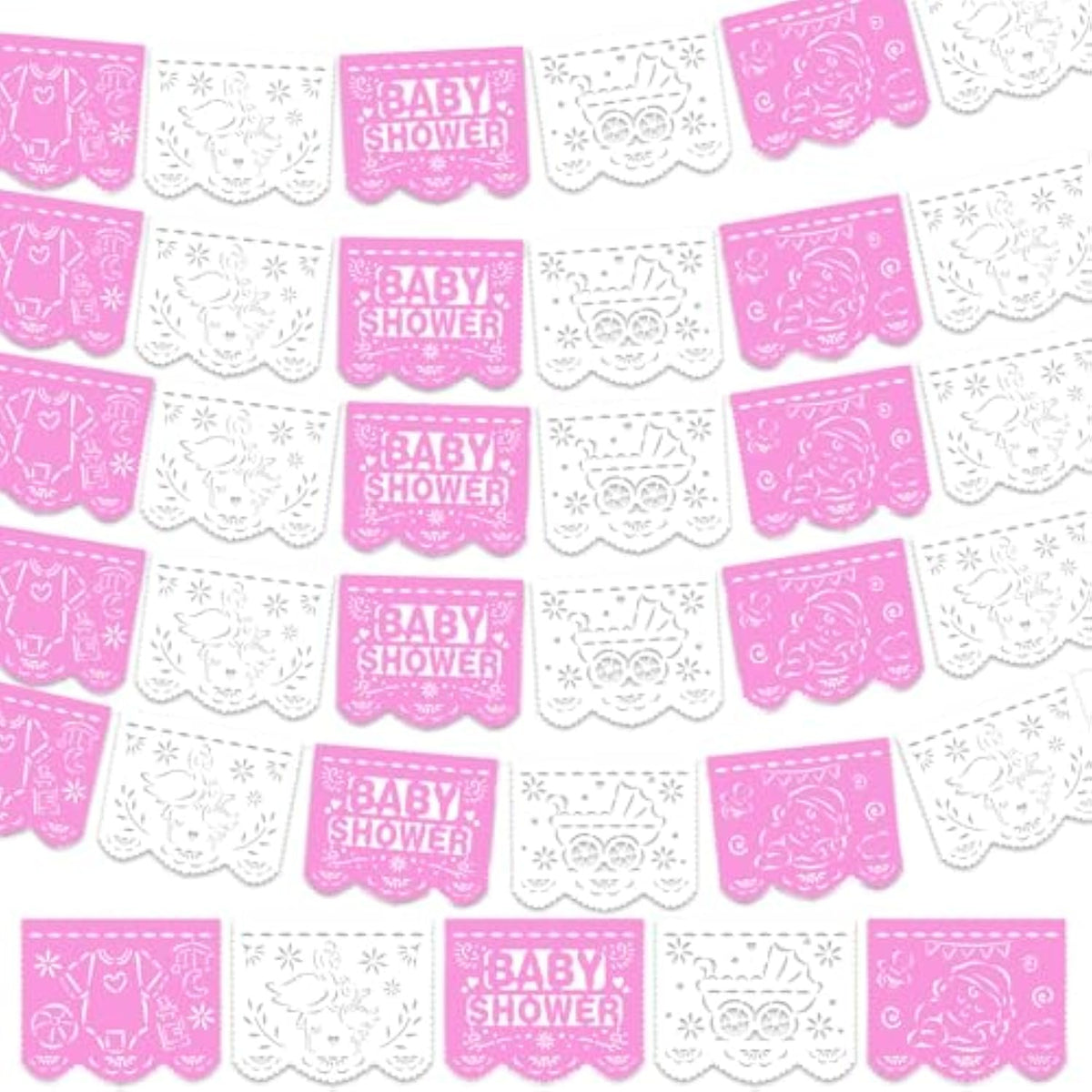 6 Pack 98.43 Ft Baby Shower Papel Picado Mexican Banner Cielito Lindo Party Plastic Fiesta Banner Talavera Theme Decorations For Baby Shower Party Hanging(Pink And White)
