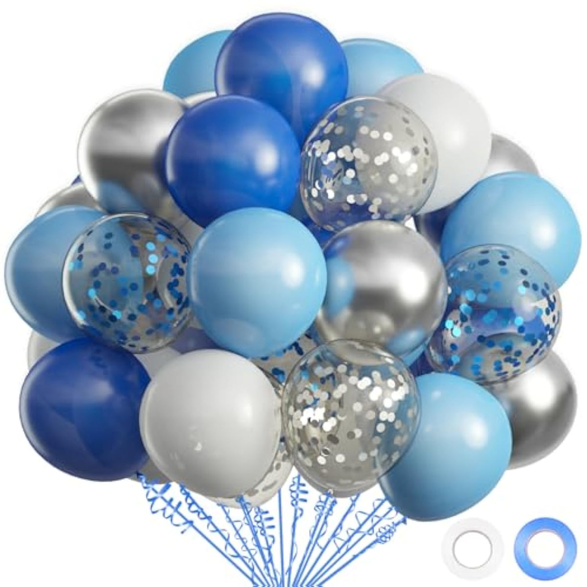 62Pcs Blue Silver White Confetti Balloons Kit, 12 Inch White Royal Blue Metallic Silver Confetti Balloons For Boy Birthday Baby Shower Graduation Party Supplies