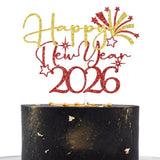Happy New Year 2026 Cake Topper Red Glitter Party Decoration