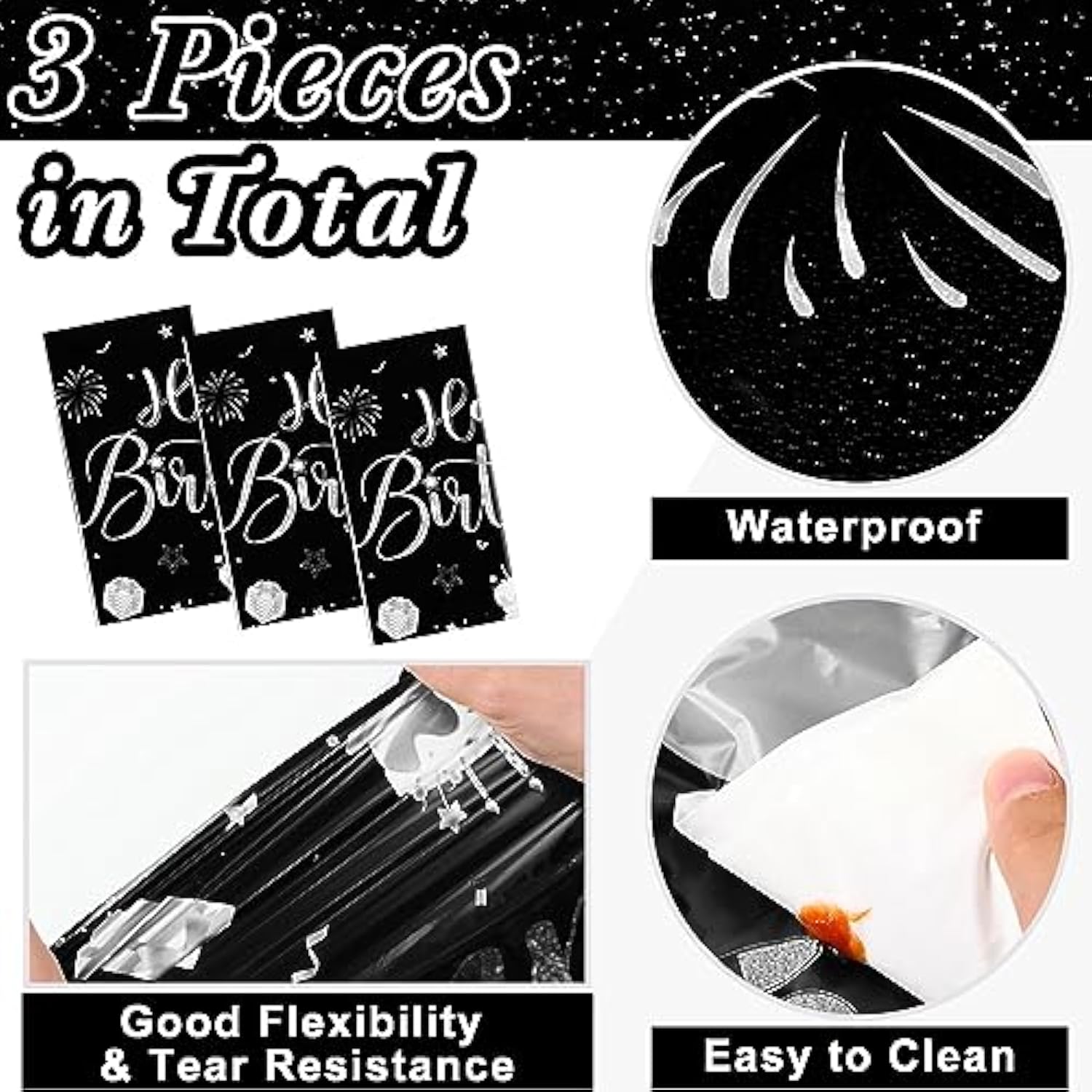 3 Pcs Black Silver Happy Birthday Tablecloths, 108x54" Party Decorations