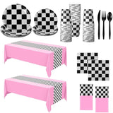 162 Pcs Racing Car Birthday Party Supplies Racing Car Tableware Sets For 20 Guests Checkered Race Themed Rectangular Tablecloth Plates Cups Folks For Birthday Party Decorations (Pink)