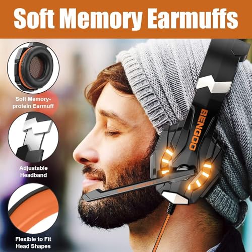 G9000 Stereo Gaming Headset For Ps4, Pc, Xbox One Controller, Noise Cancelling Over Ear Headphones With Mic, Led Light, Bass Surround, Soft Memory Earmuffs (Orange)