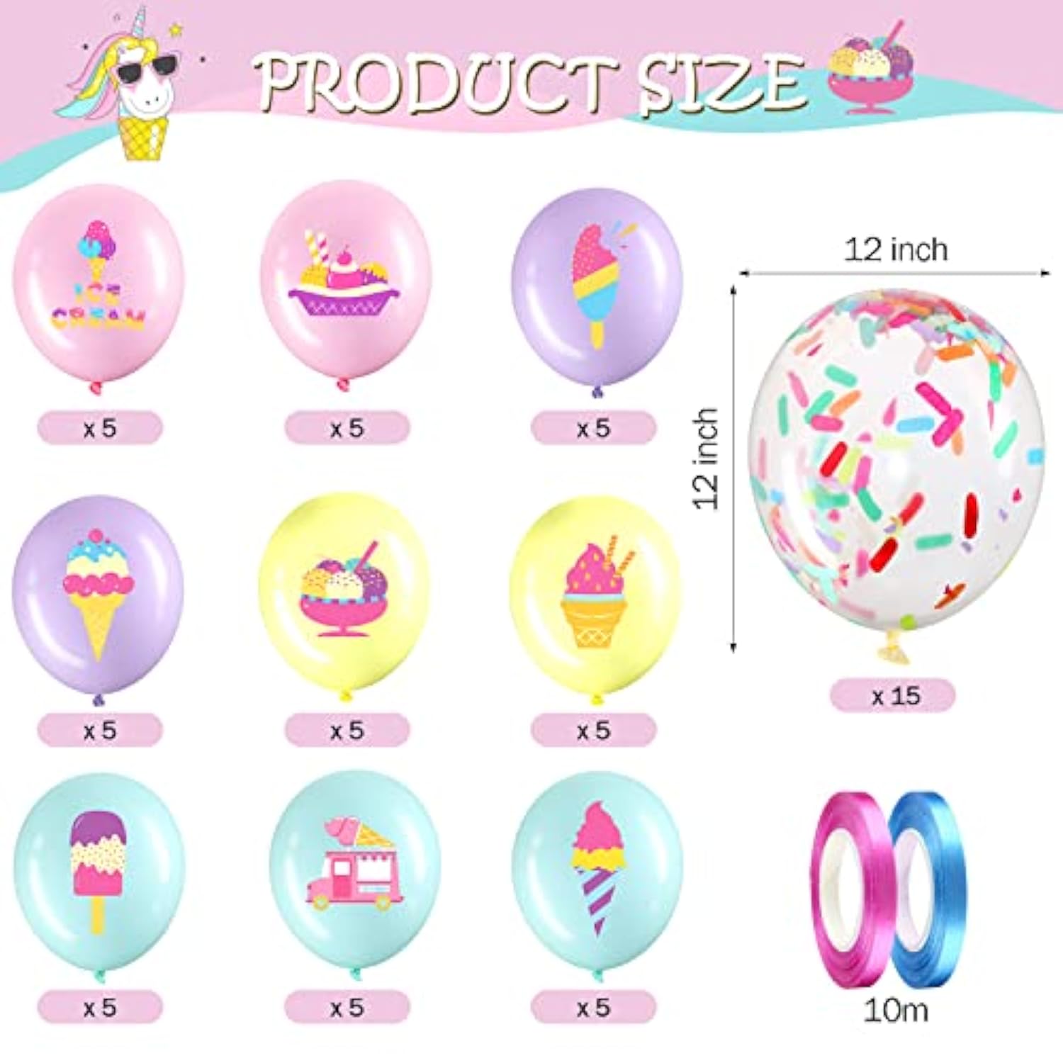 Ice Cream Party Balloons: 60pcs Confetti & Sprinkle Decorations