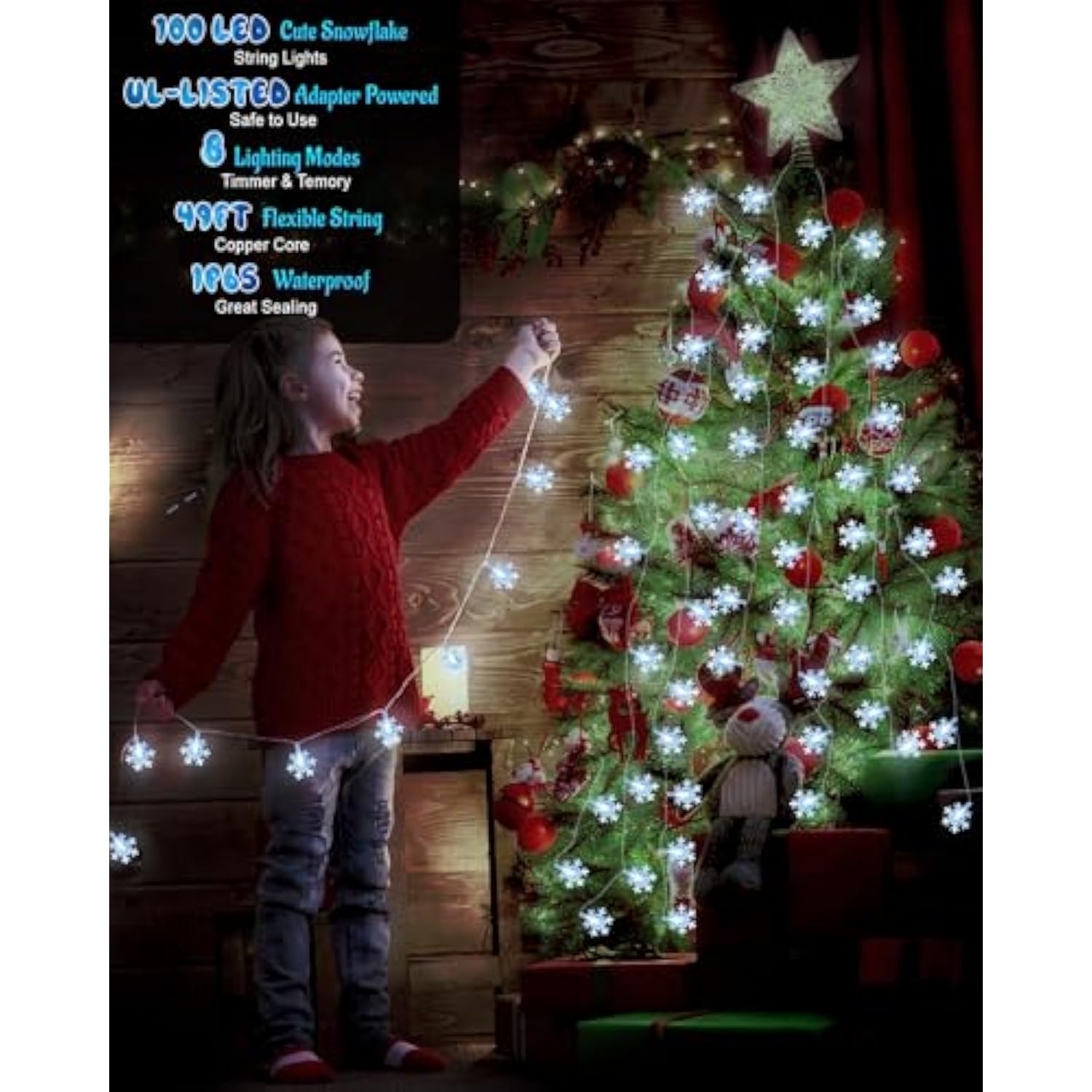 Christmas Snowflake String Lights Outdoor, 100 Led 49Ft Icicle Lights Waterproof With 8 Modes Timer Xmas Decorations, Pl