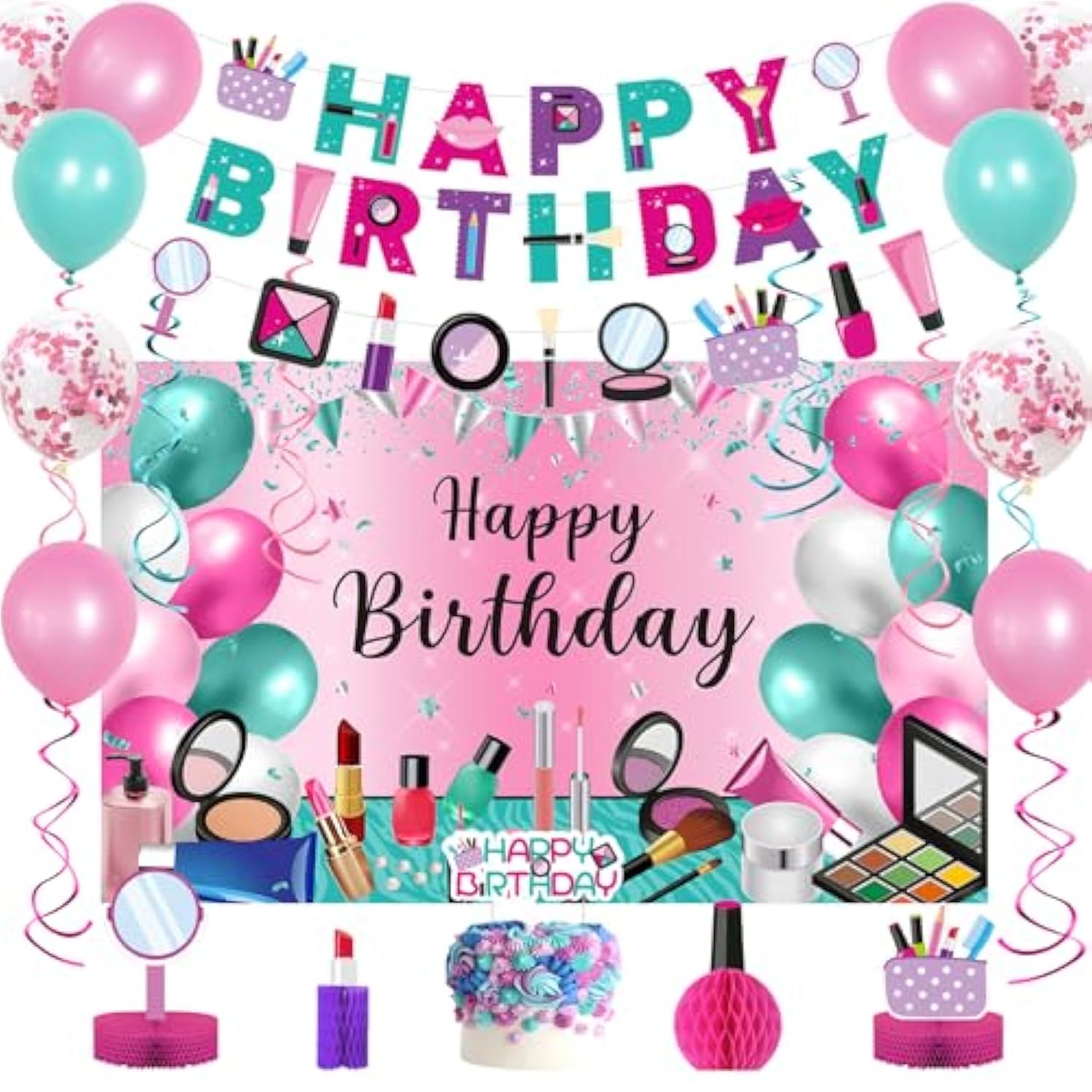 Makeup Birthday Party Decorations - 46Pcs Kit, Pink Spa Themed Birthday Supplies With Banner, Balloons, Cake Topper