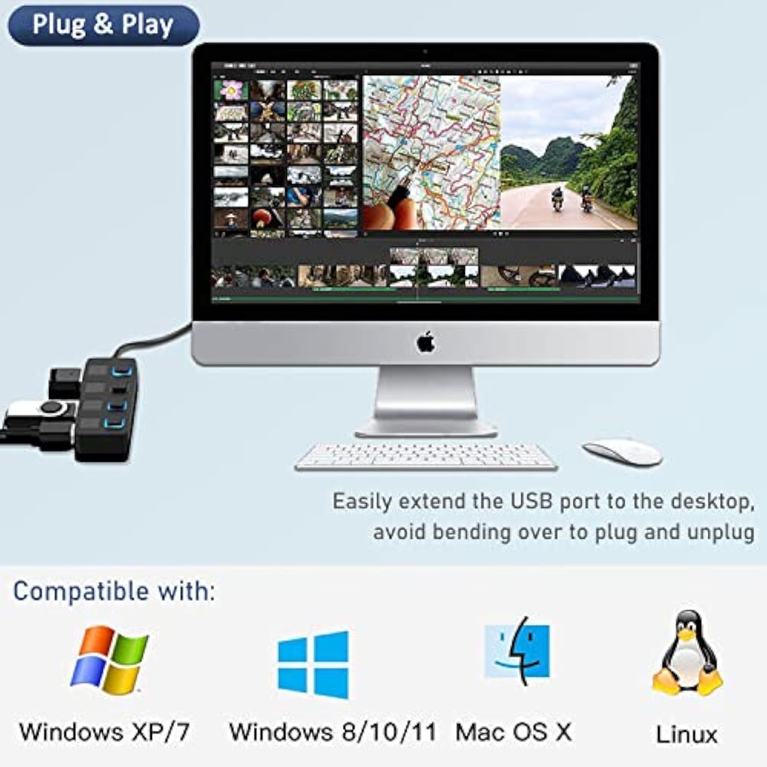 Usb Hub 3.0, 4-Port Usb 3.0 Data Hub With Individual Led Lit Power Switches Fo