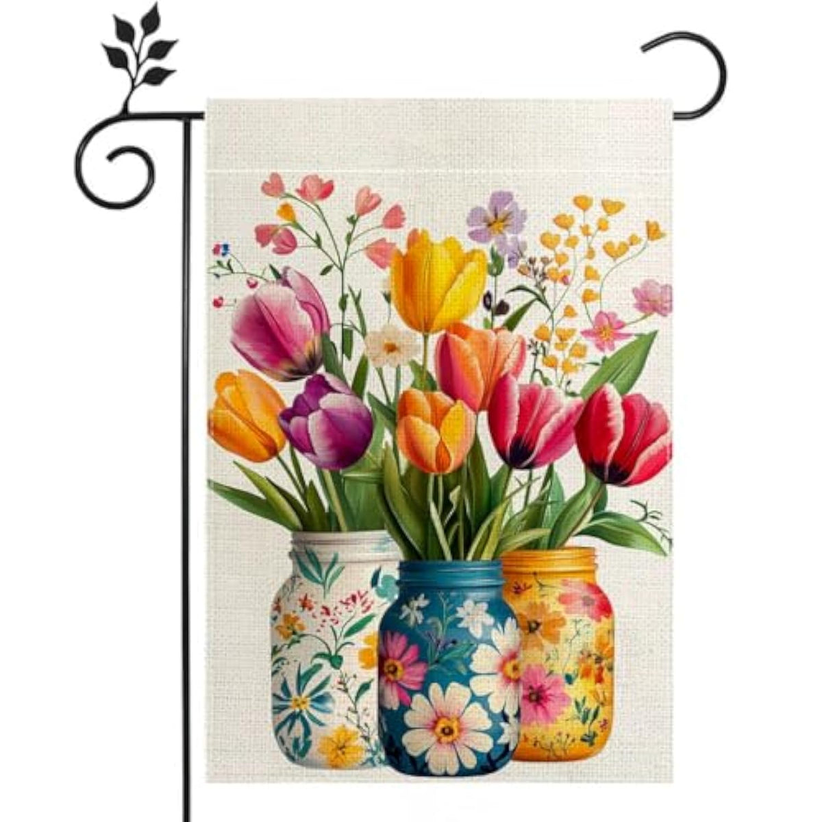 Spring Tulip Floral Mason Jar Garden Flag, Flower Welcome Yard Outdoor Flag Double Sided 12X18 Inch